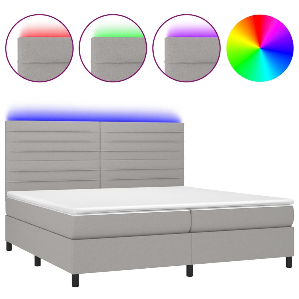 Krevet box spring s madracem LED svjetlosivi 200x200 cm tkanina