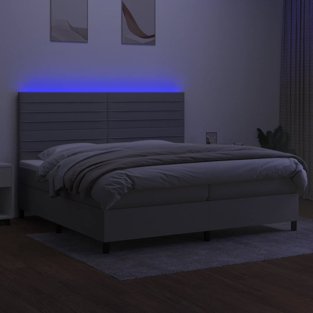 Krevet box spring s madracem LED svjetlosivi 200x200 cm tkanina