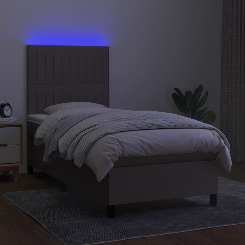 Krevet box spring s madracem LED smeđesivi 90x190 cm tkanina