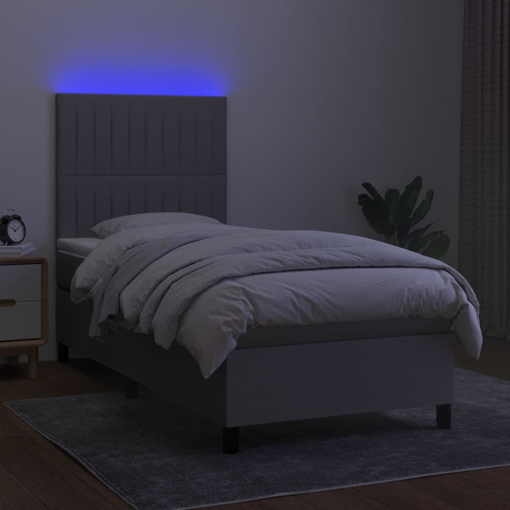 Krevet box spring s madracem LED svjetlosivi 100x200 cm tkanina