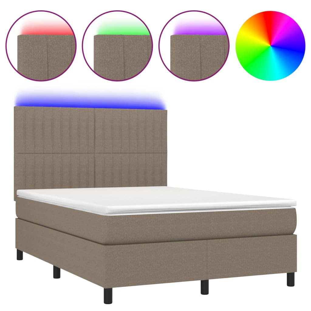 Krevet box spring s madracem LED smeđesivi 140x200 cm tkanina