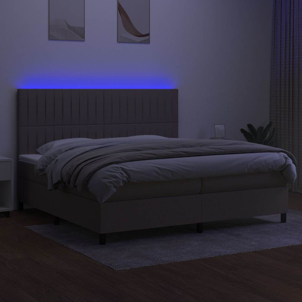 Krevet box spring s madracem LED smeđesivi 200x200 cm tkanina
