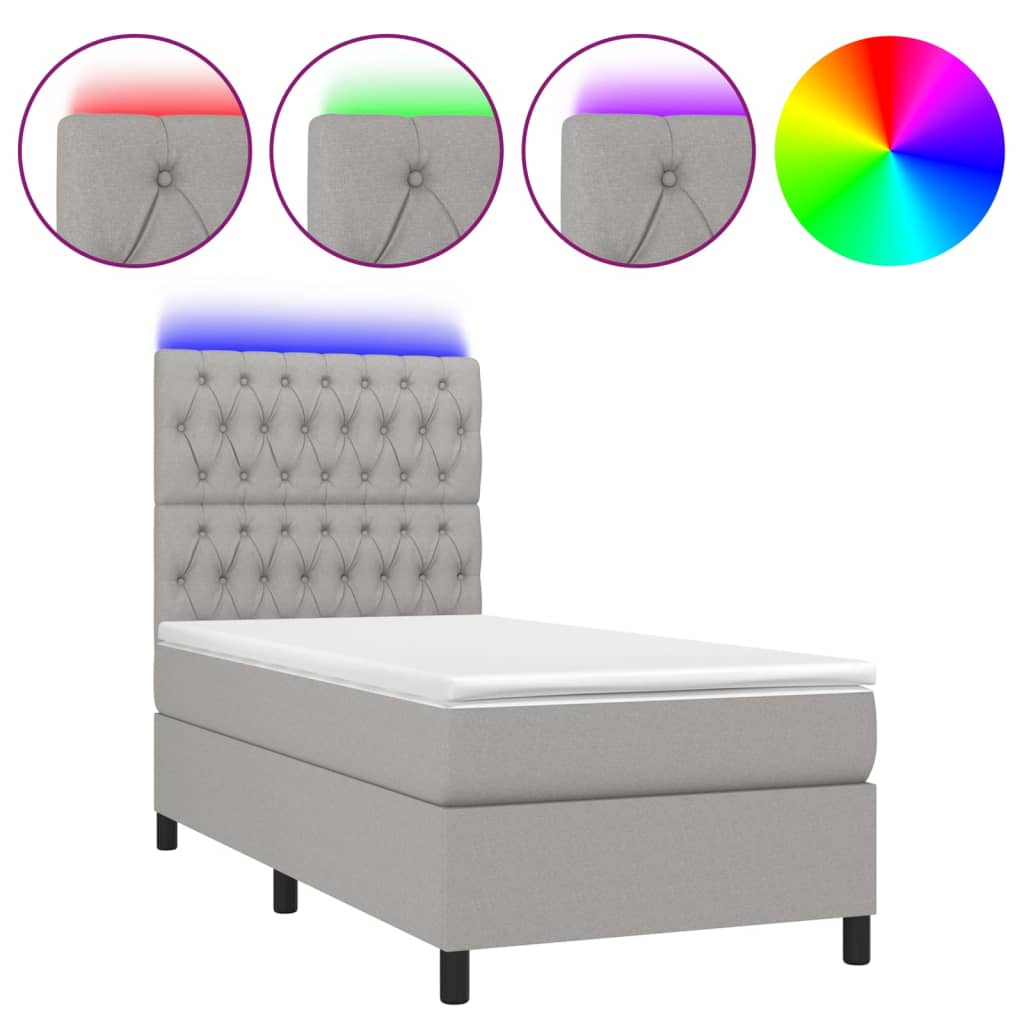 Krevet box spring s madracem LED svjetlosivi 90x190 cm tkanina