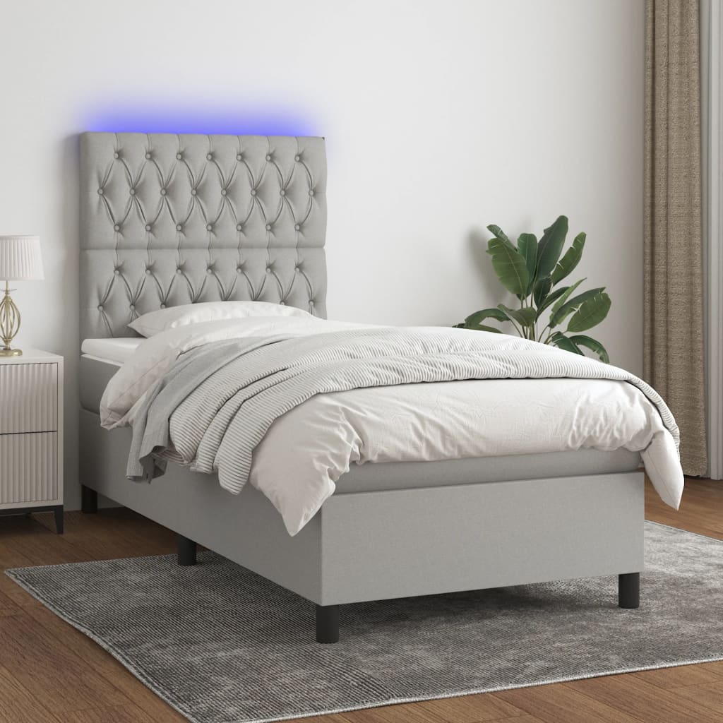 Krevet box spring s madracem LED svjetlosivi 90x190 cm tkanina