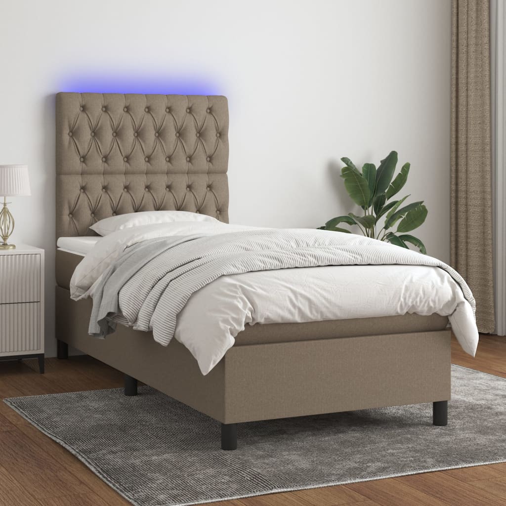 Krevet box spring s madracem LED smeđesivi 90x190 cm tkanina
