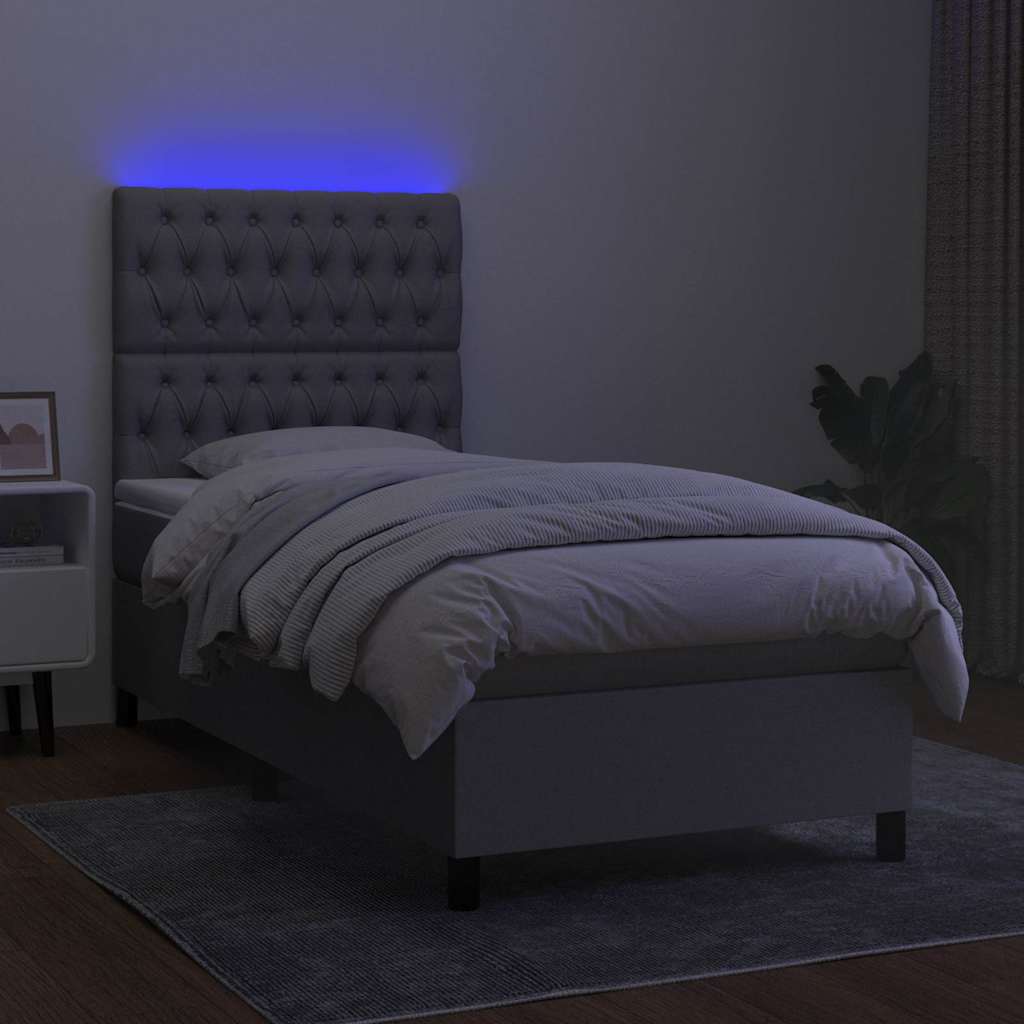 Krevet box spring s madracem LED svjetlosivi 90x200 cm tkanina