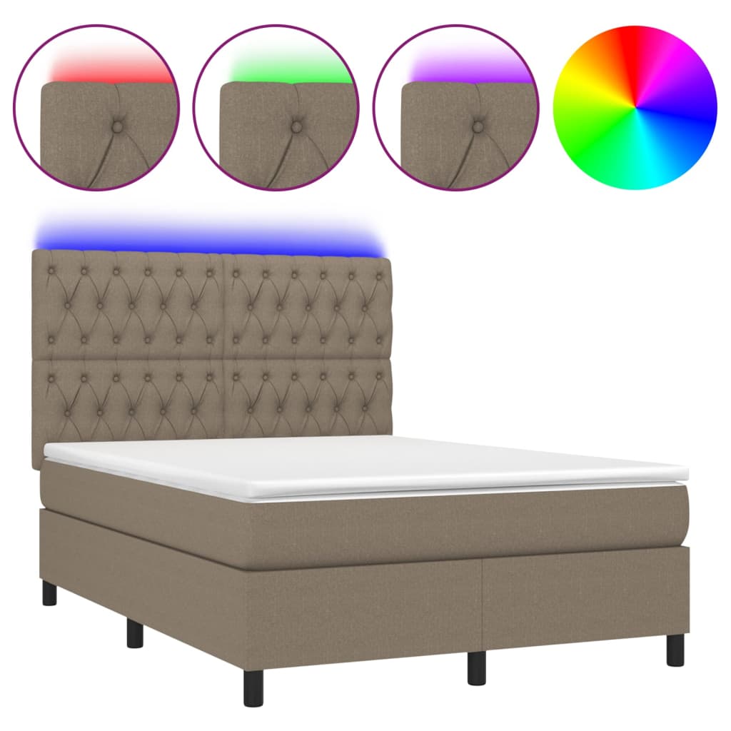 Krevet box spring s madracem LED smeđesivi 140x190 cm tkanina
