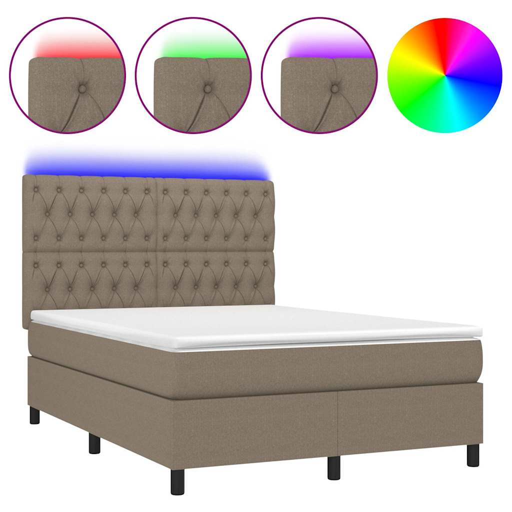 Krevet box spring s madracem LED smeđesivi 140x190 cm tkanina