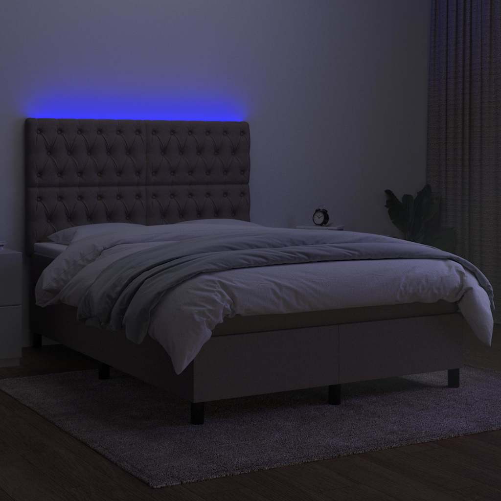 Krevet box spring s madracem LED smeđesivi 140x190 cm tkanina