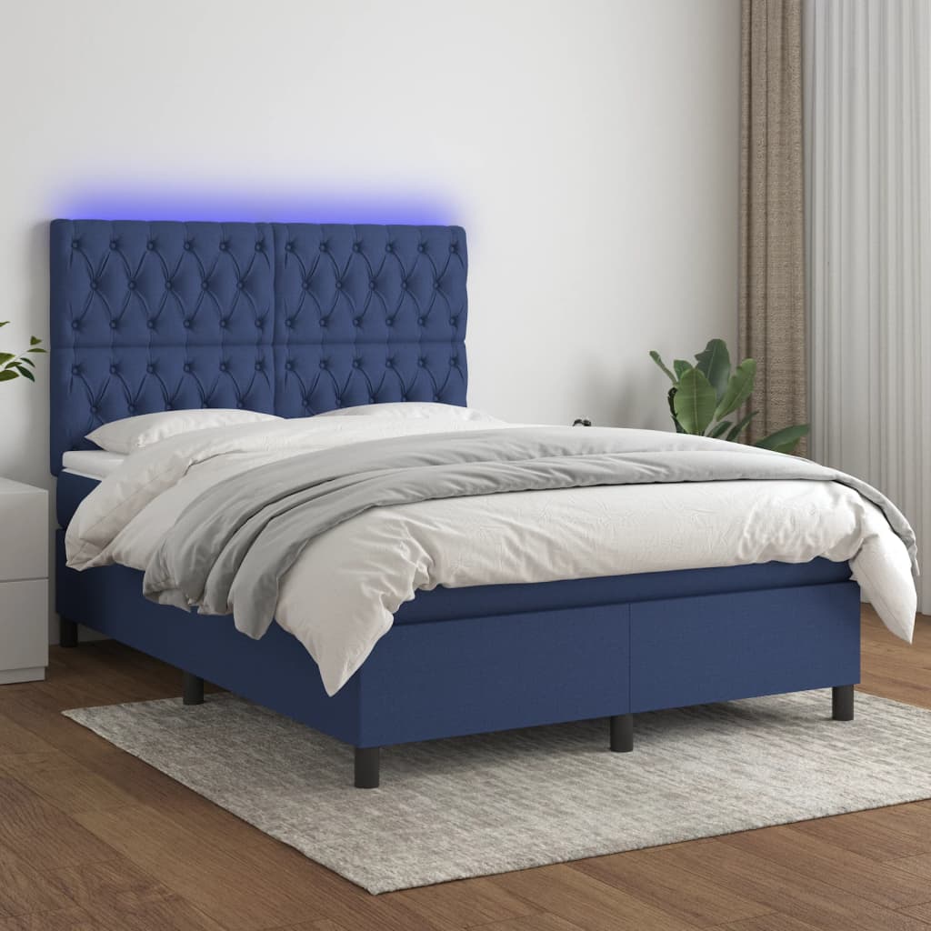 Krevet box spring s madracem LED plavi 140x190 cm od tkanine