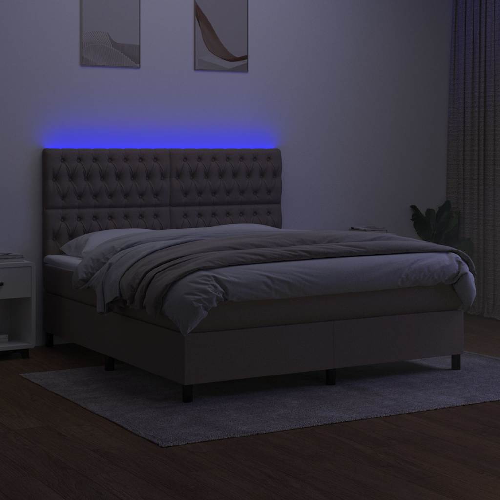 Krevet box spring s madracem LED smeđesivi 160x200 cm tkanina