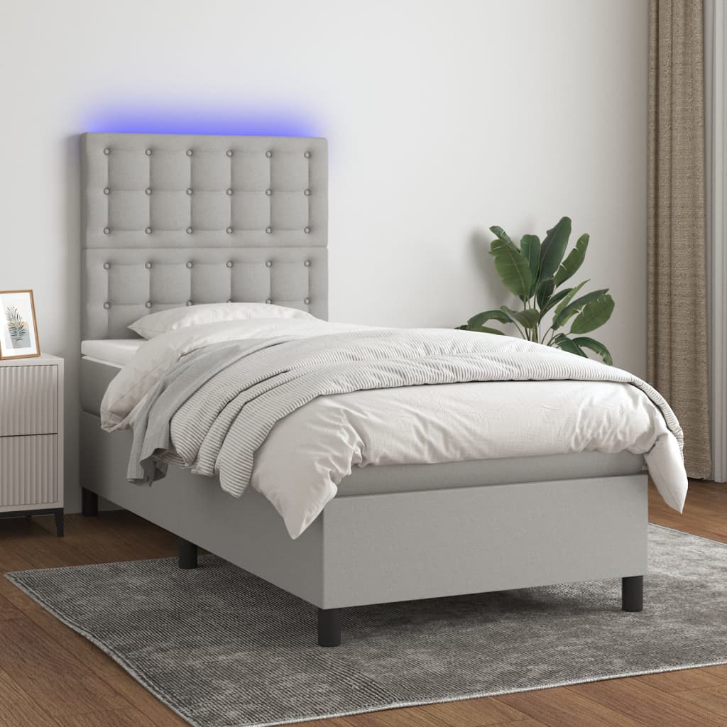 Krevet box spring s madracem LED svjetlosivi 90x190 cm tkanina