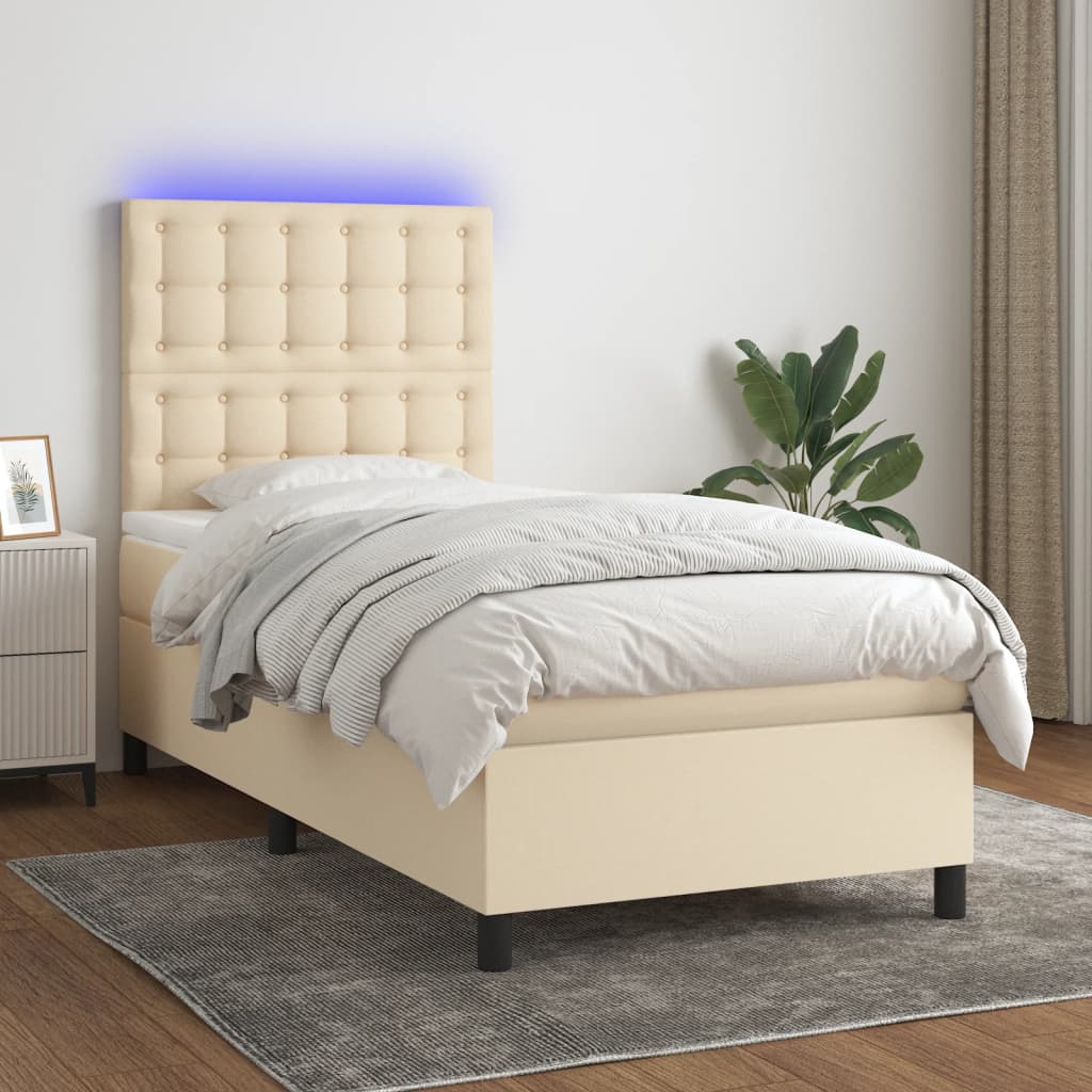 Krevet box spring s madracem LED krem 90x190 cm od tkanine
