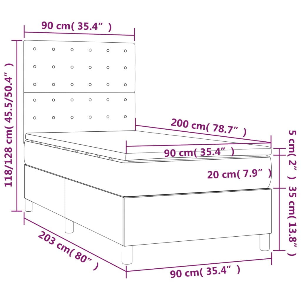 Krevet box spring s madracem LED tamnosivi 90x200 cm tkanina