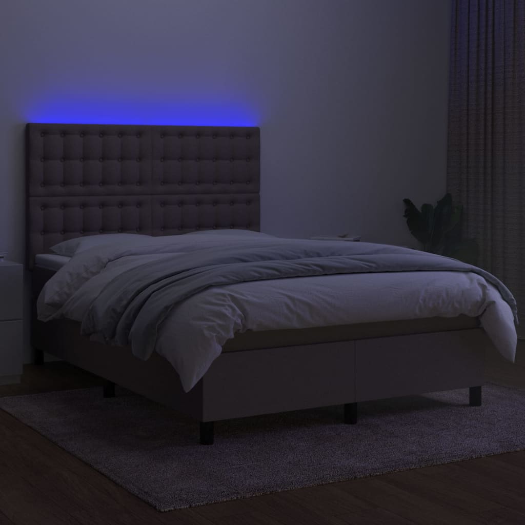 Krevet box spring s madracem LED smeđesivi 140x190 cm tkanina