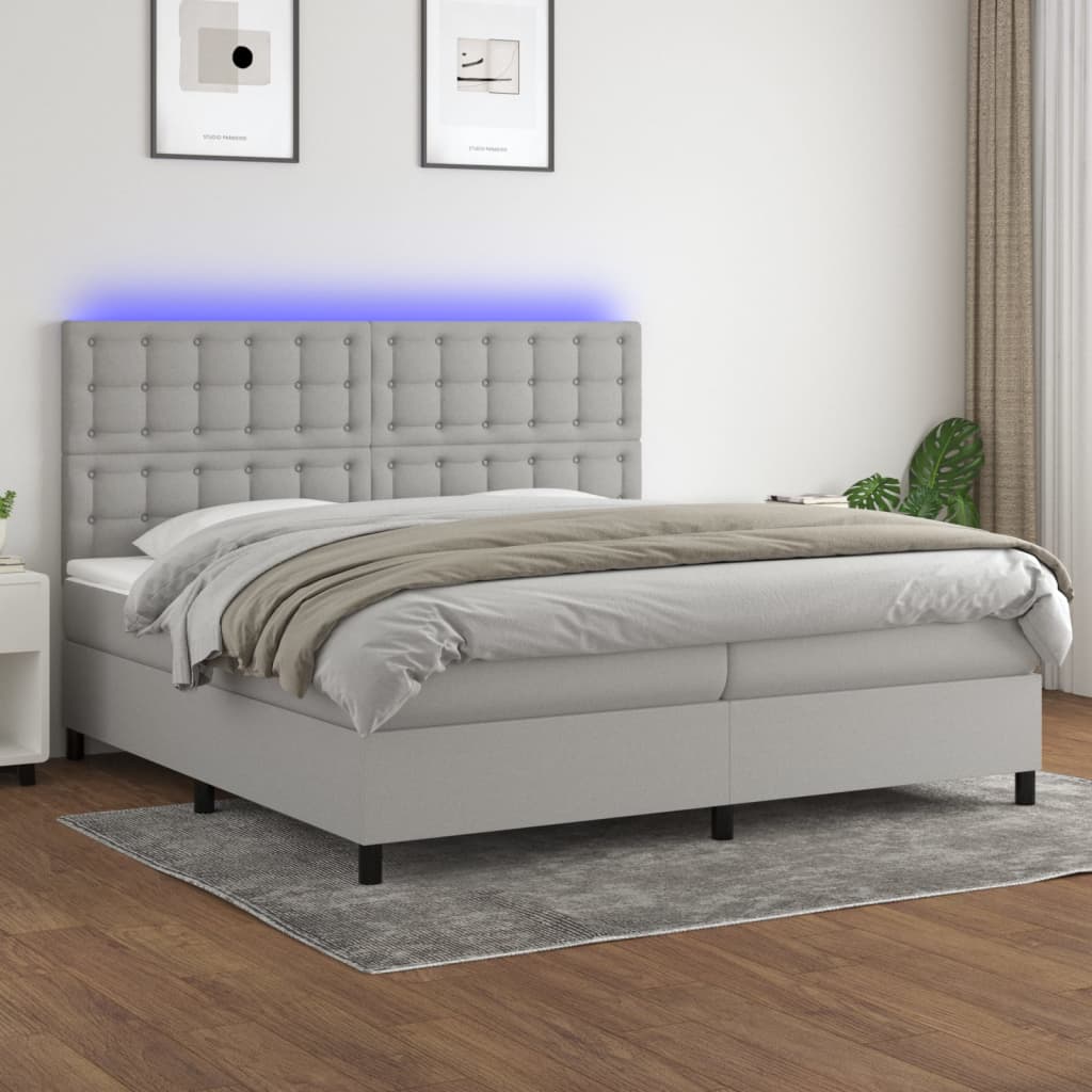 Krevet box spring s madracem LED svjetlosivi 200x200 cm tkanina