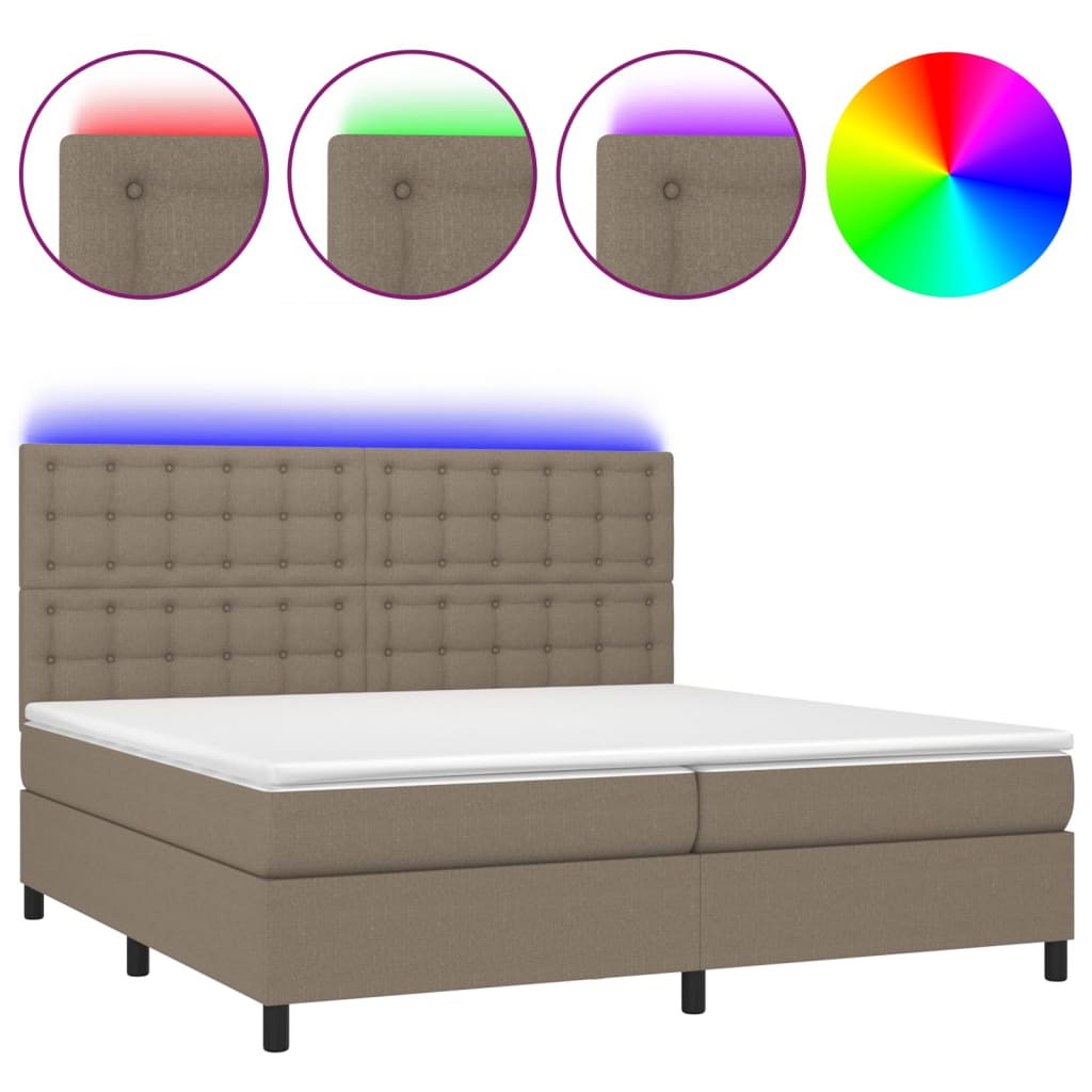 Krevet box spring s madracem LED smeđesivi 200x200 cm tkanina