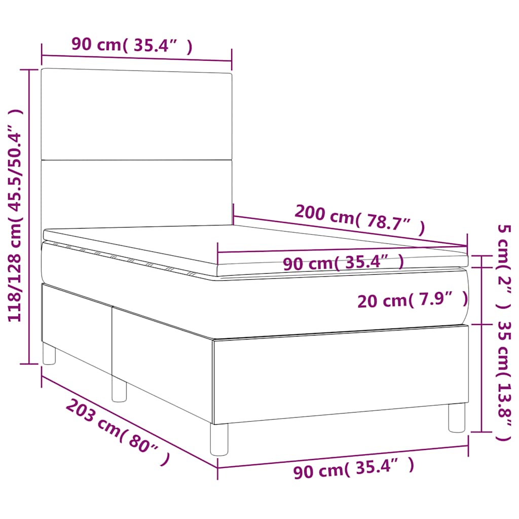 Krevet box spring s madracem LED crni 90x200 cm od tkanine