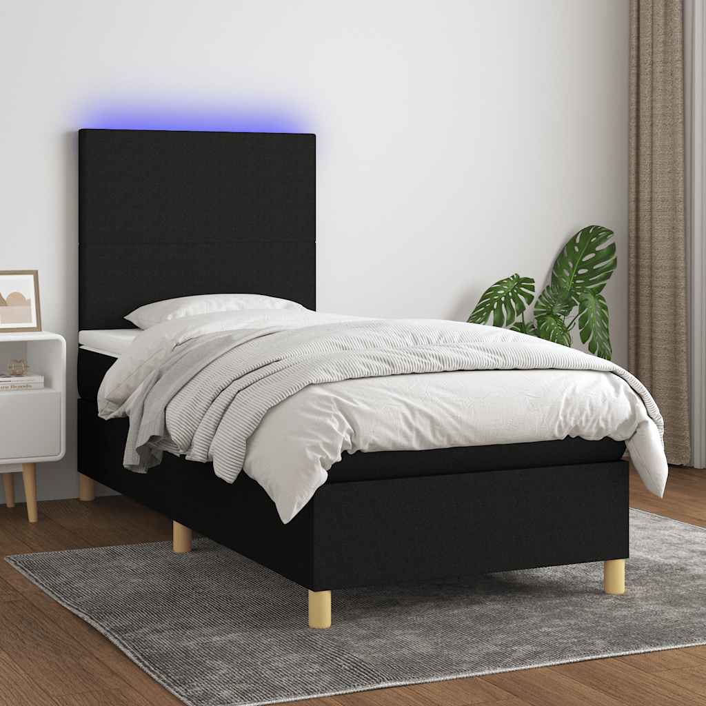 Krevet box spring s madracem LED crni 90x200 cm od tkanine