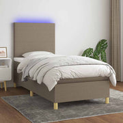 Krevet box spring s madracem LED smeđesivi 90x200 cm tkanina