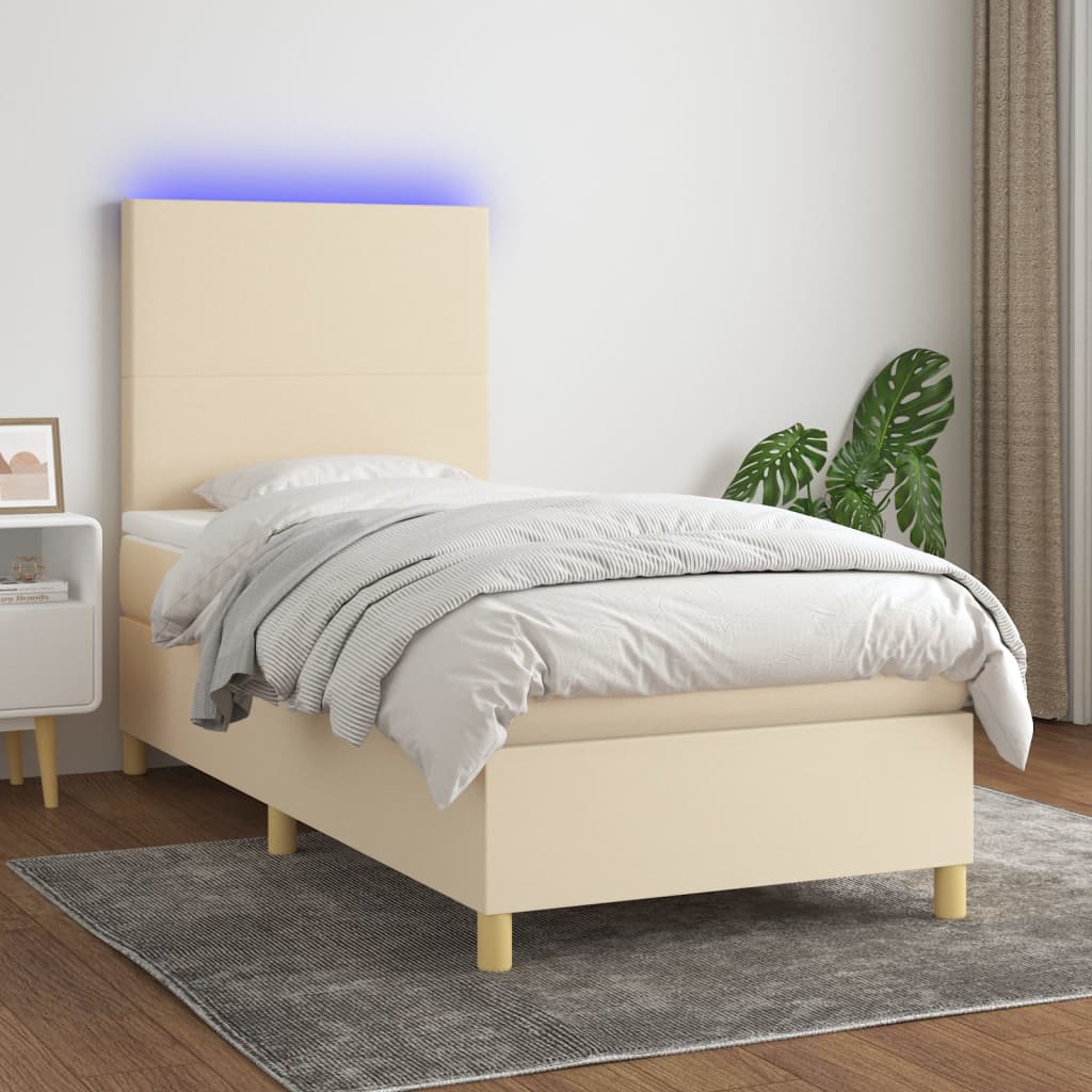 Krevet box spring s madracem LED krem 90x200 cm od tkanine