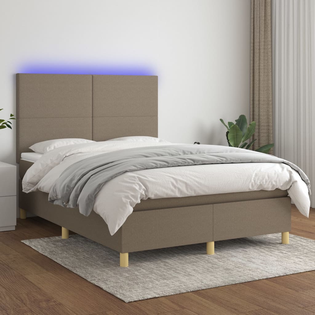 Krevet box spring s madracem LED smeđesivi 140x190 cm tkanina