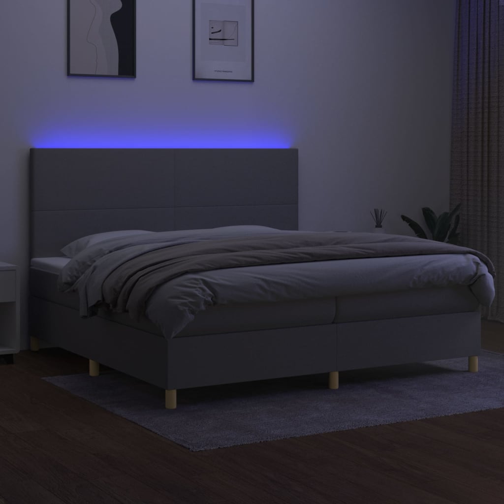 Krevet box spring s madracem LED svjetlosivi 200x200 cm tkanina