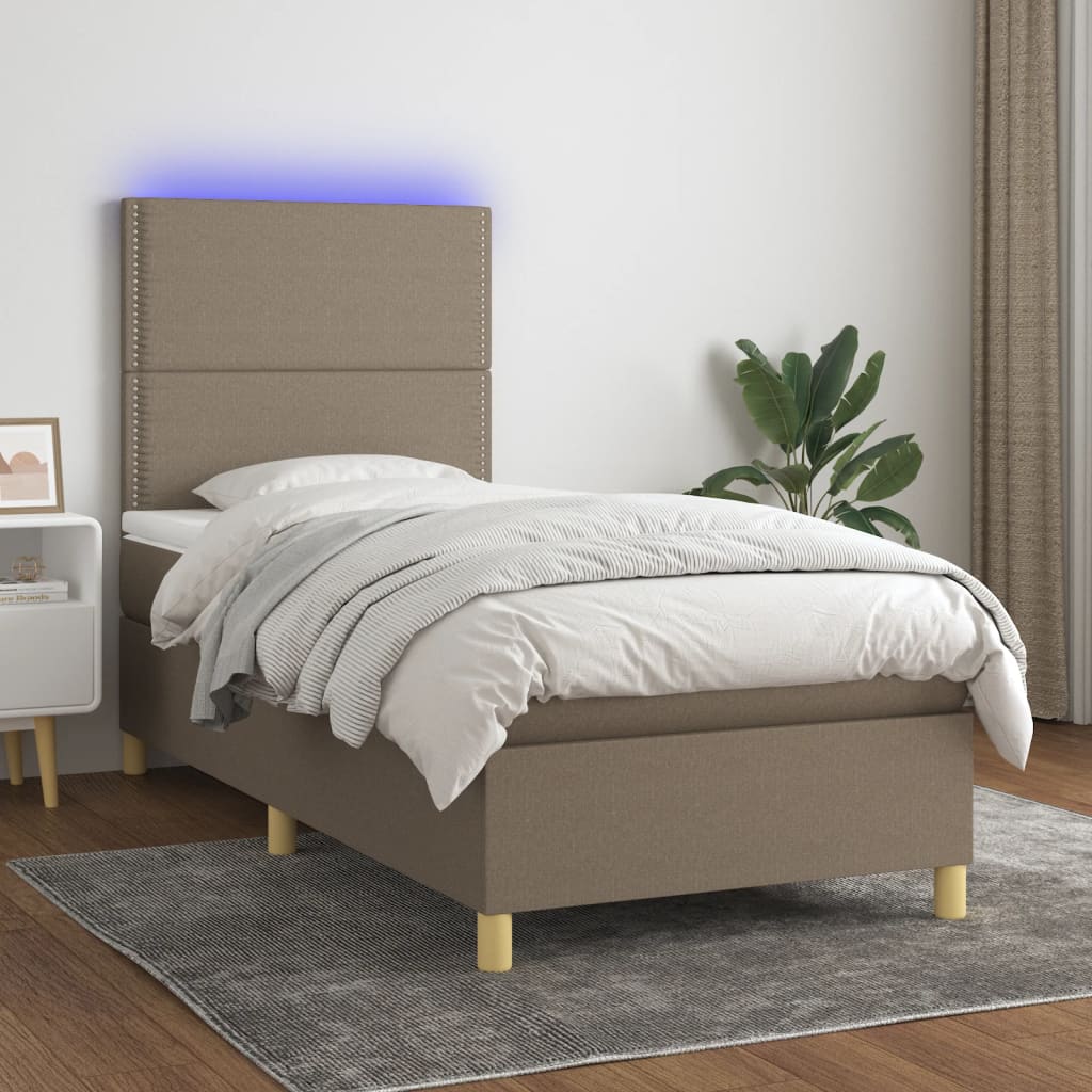 Krevet box spring s madracem LED smeđesivi 90x190 cm tkanina