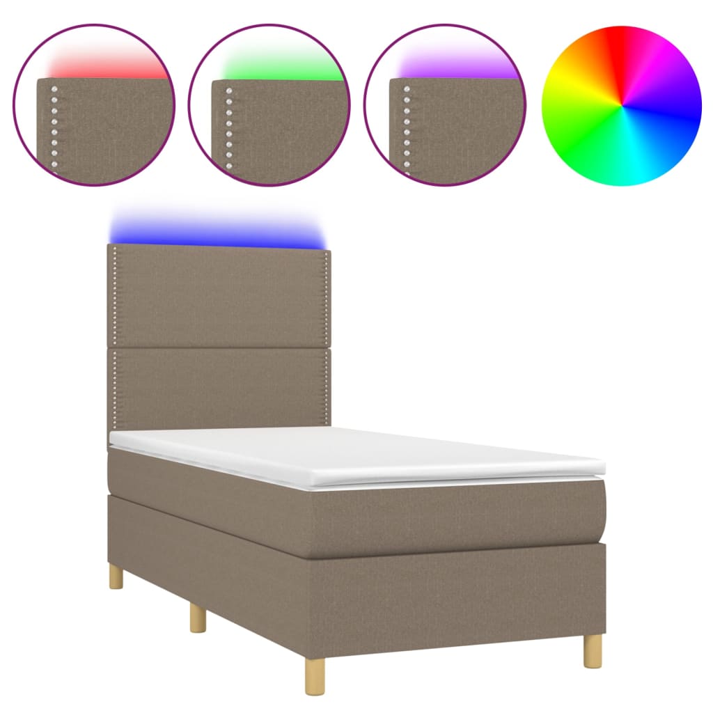 Krevet box spring s madracem LED smeđesivi 100x200 cm tkanina