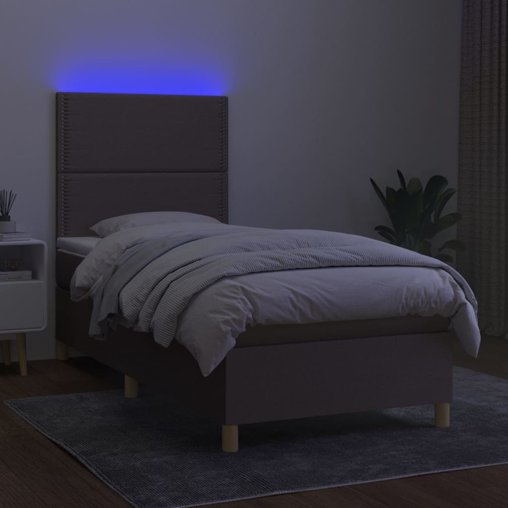 Krevet box spring s madracem LED smeđesivi 100x200 cm tkanina