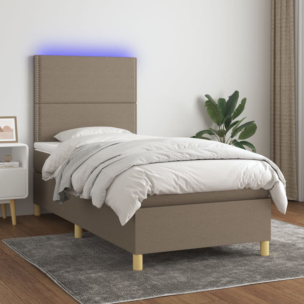 Krevet box spring s madracem LED smeđesivi 100x200 cm tkanina