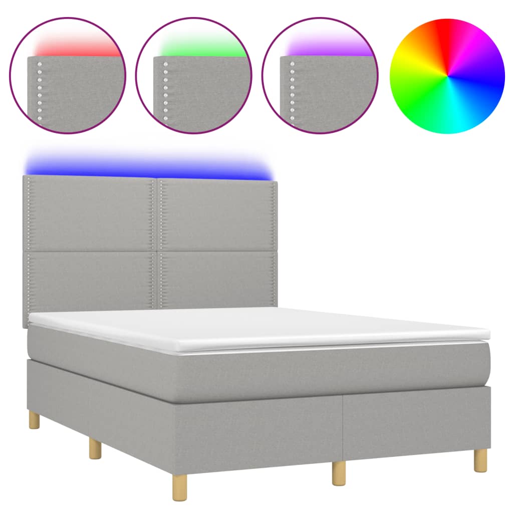 Krevet box spring s madracem LED svjetlosivi 140x200 cm tkanina
