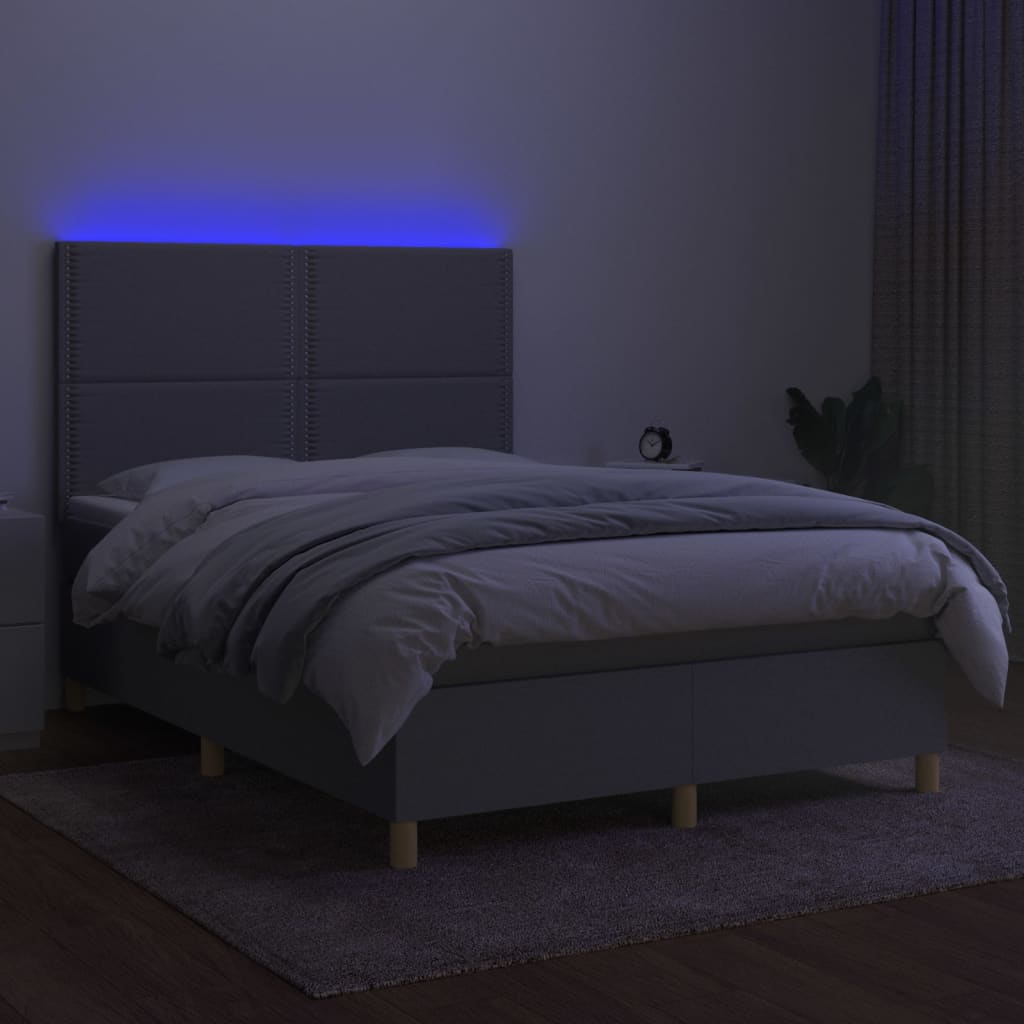 Krevet box spring s madracem LED svjetlosivi 140x200 cm tkanina