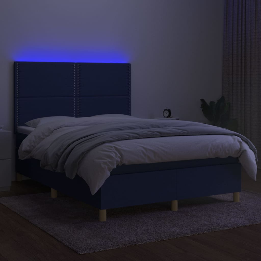 Krevet box spring s madracem LED plavi 140x200 cm od tkanine
