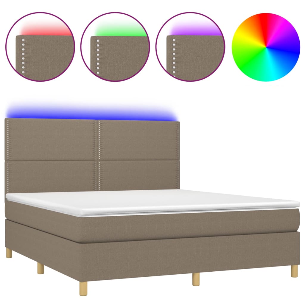 Krevet box spring s madracem LED smeđesivi 180x200 cm tkanina