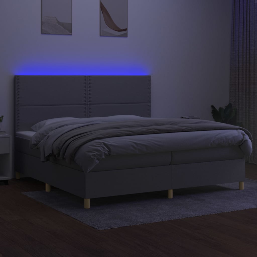 Krevet box spring s madracem LED svjetlosivi 200x200 cm tkanina