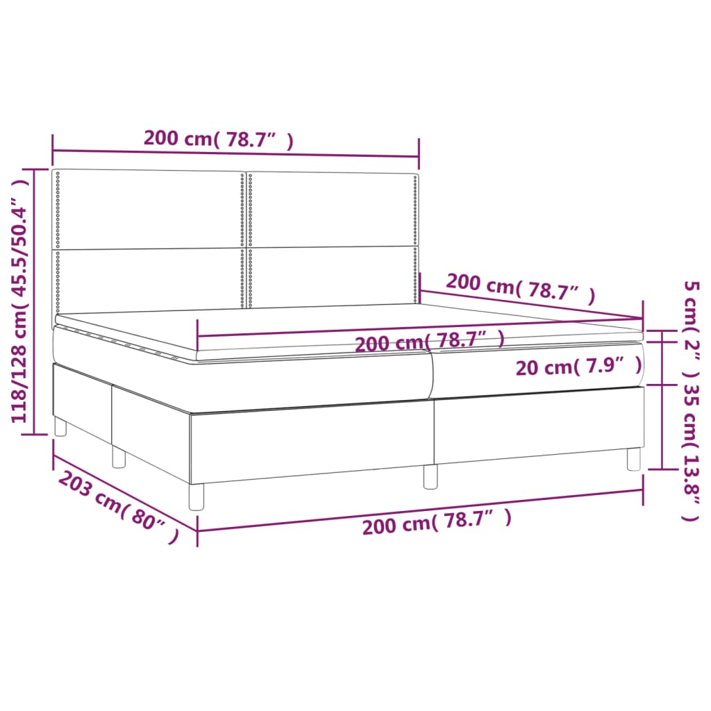 Krevet box spring s madracem LED svjetlosivi 200x200 cm tkanina