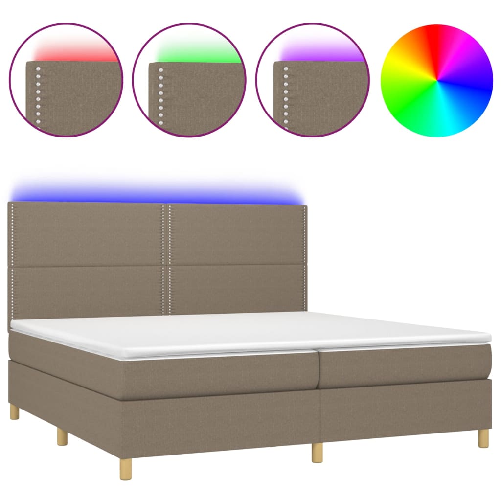 Krevet box spring s madracem LED smeđesivi 200x200 cm tkanina