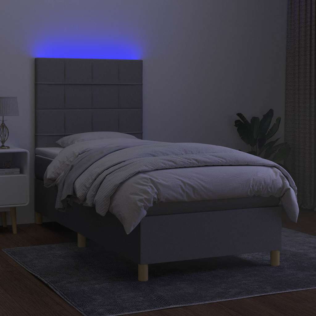 Krevet box spring s madracem LED svjetlosivi 90x200 cm tkanina