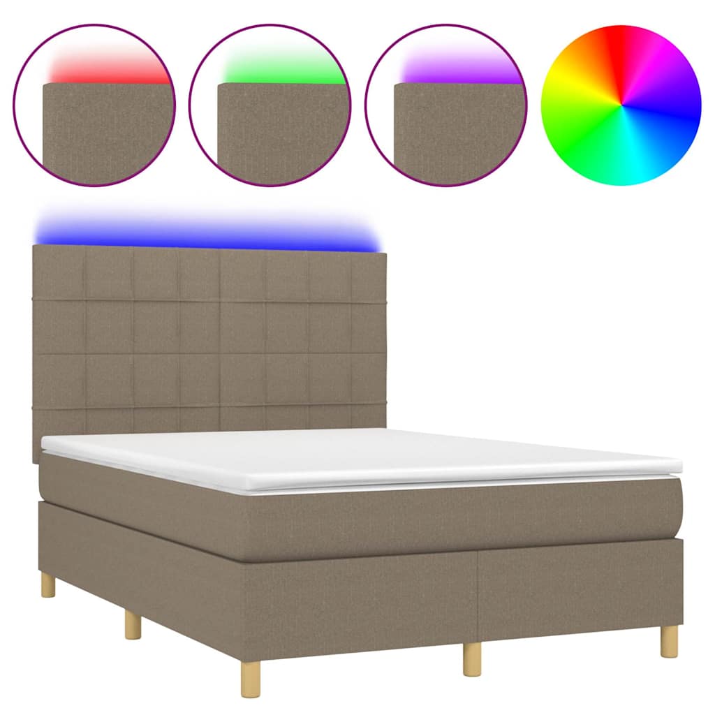 Krevet box spring s madracem LED smeđesivi 140x190 cm tkanina
