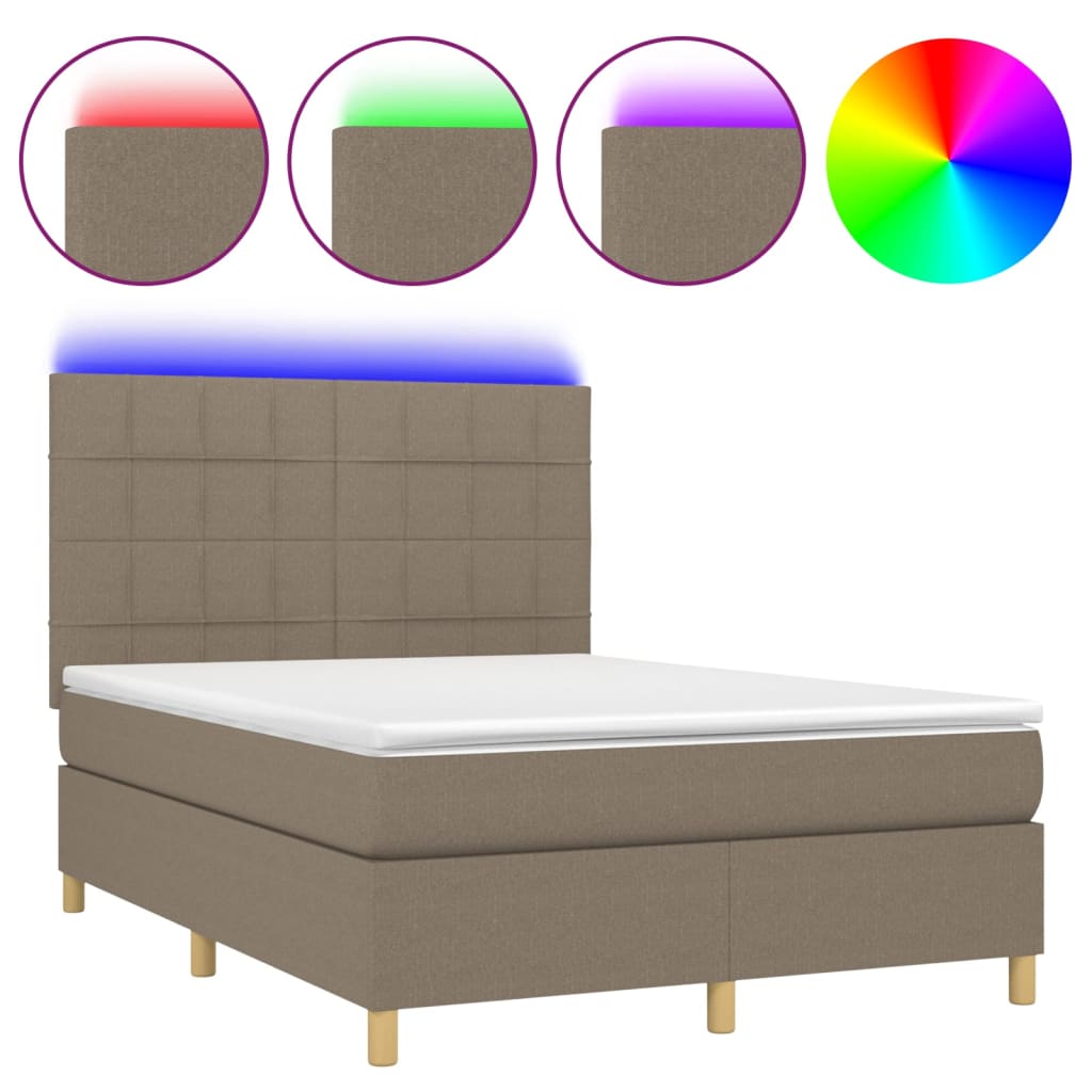 Krevet box spring s madracem LED smeđesivi 140x200 cm tkanina