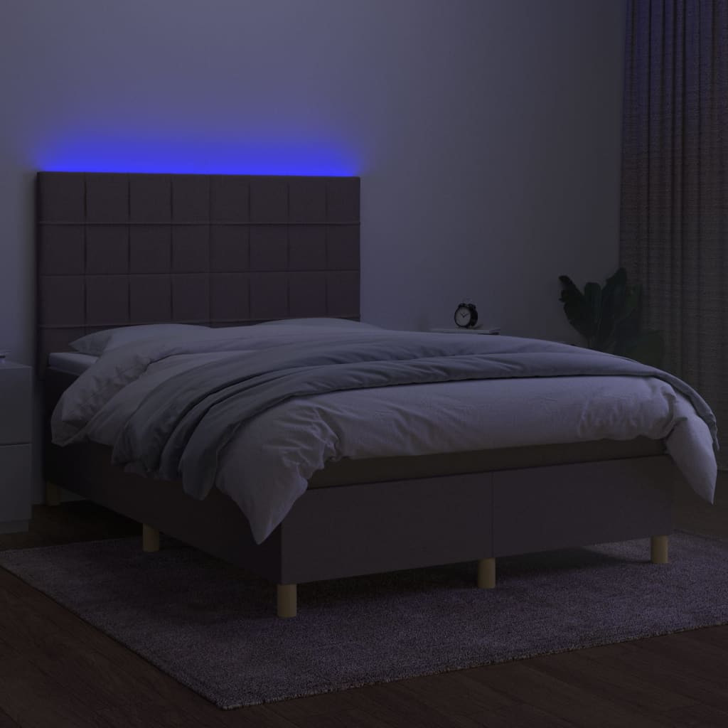 Krevet box spring s madracem LED smeđesivi 140x200 cm tkanina