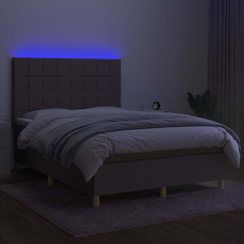 Krevet box spring s madracem LED smeđesivi 140x200 cm tkanina
