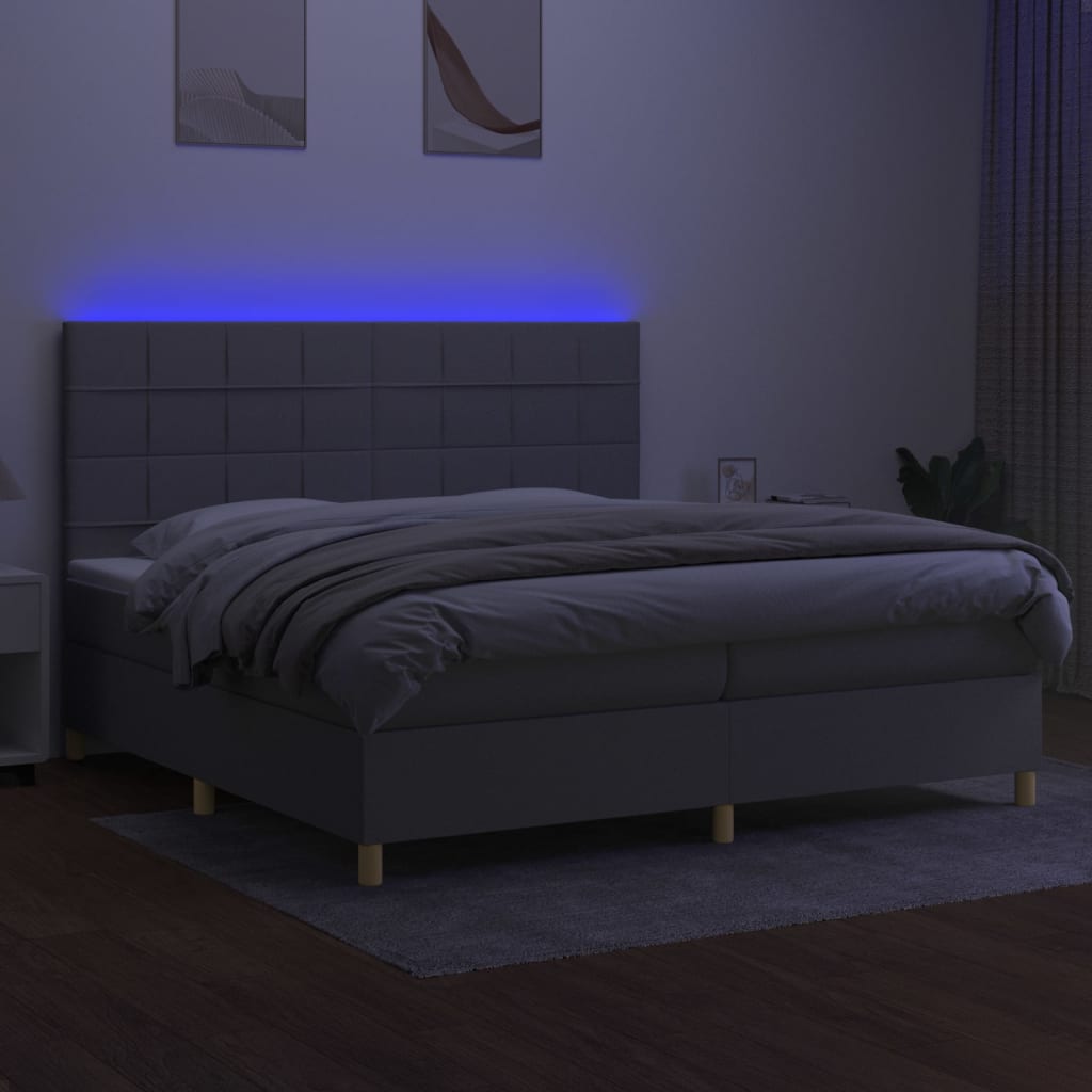 Krevet box spring s madracem LED svjetlosivi 200x200 cm tkanina