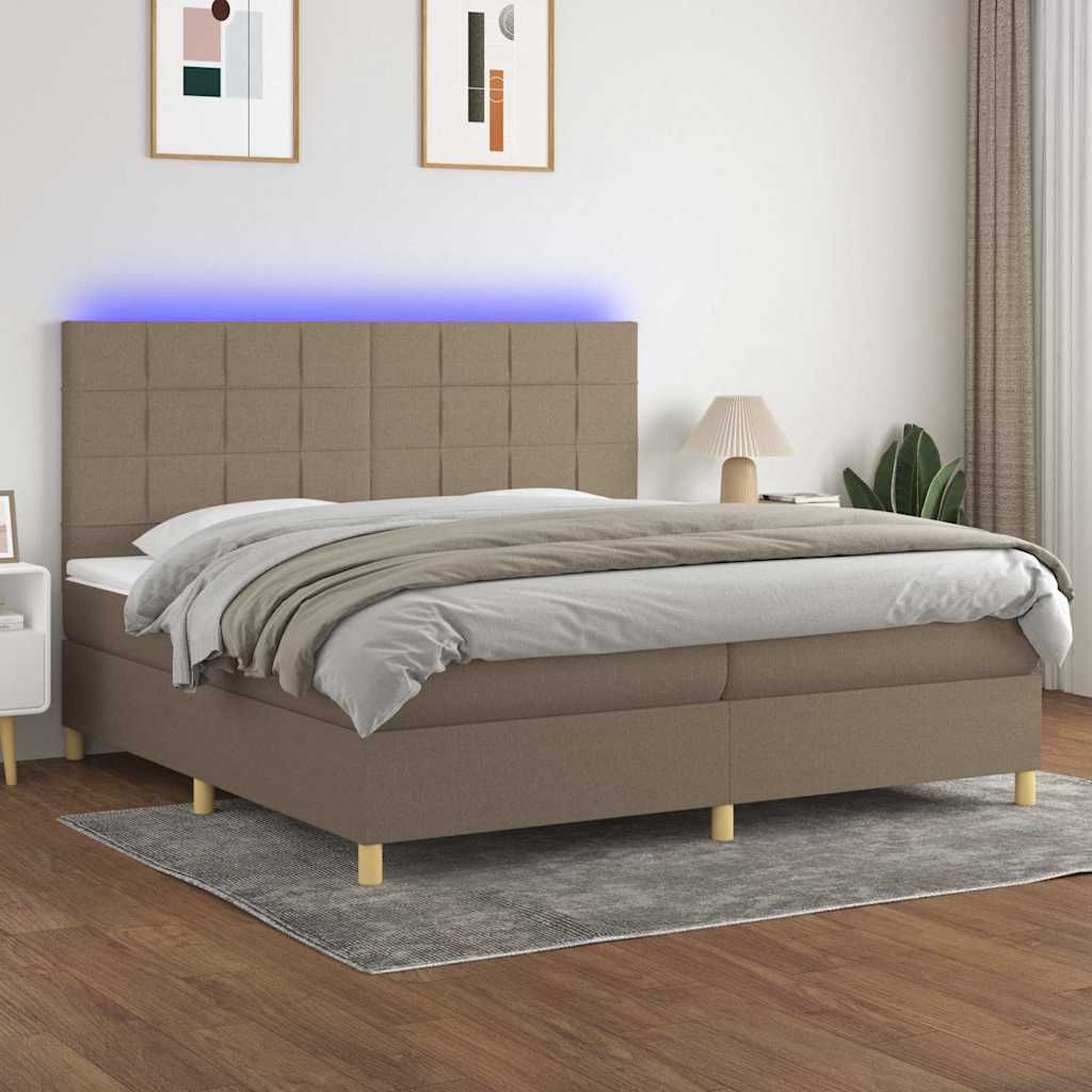 Krevet box spring s madracem LED smeđesivi 200x200 cm tkanina