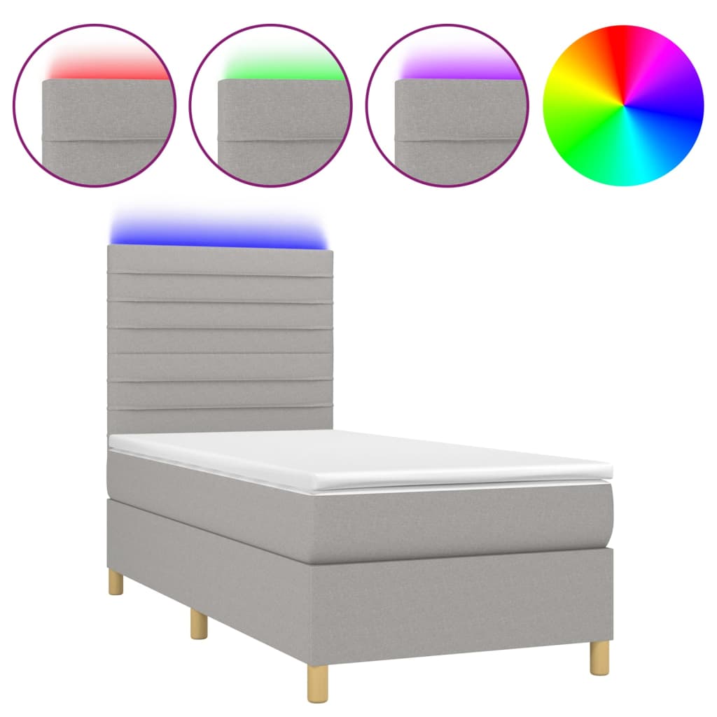 Krevet box spring s madracem LED svjetlosivi 90x190 cm tkanina