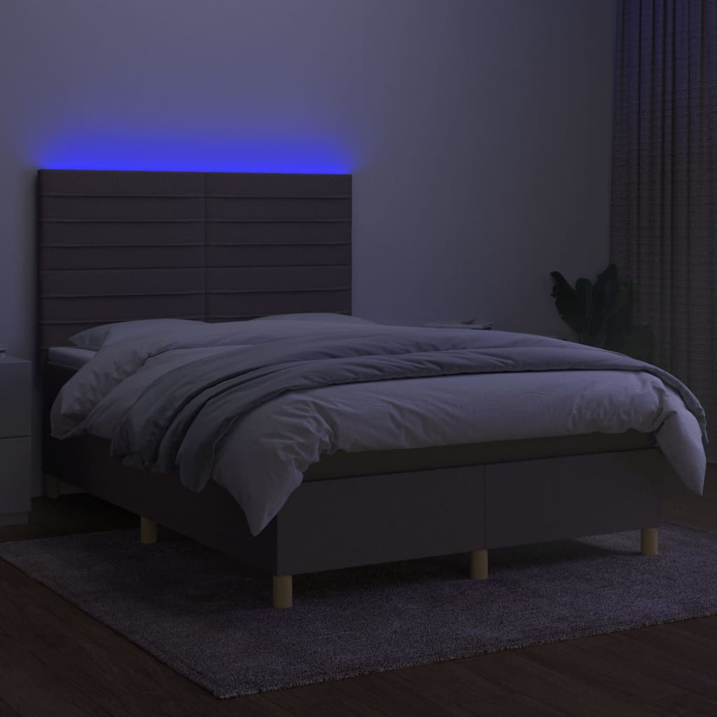 Krevet box spring s madracem LED smeđesivi 140x190 cm tkanina