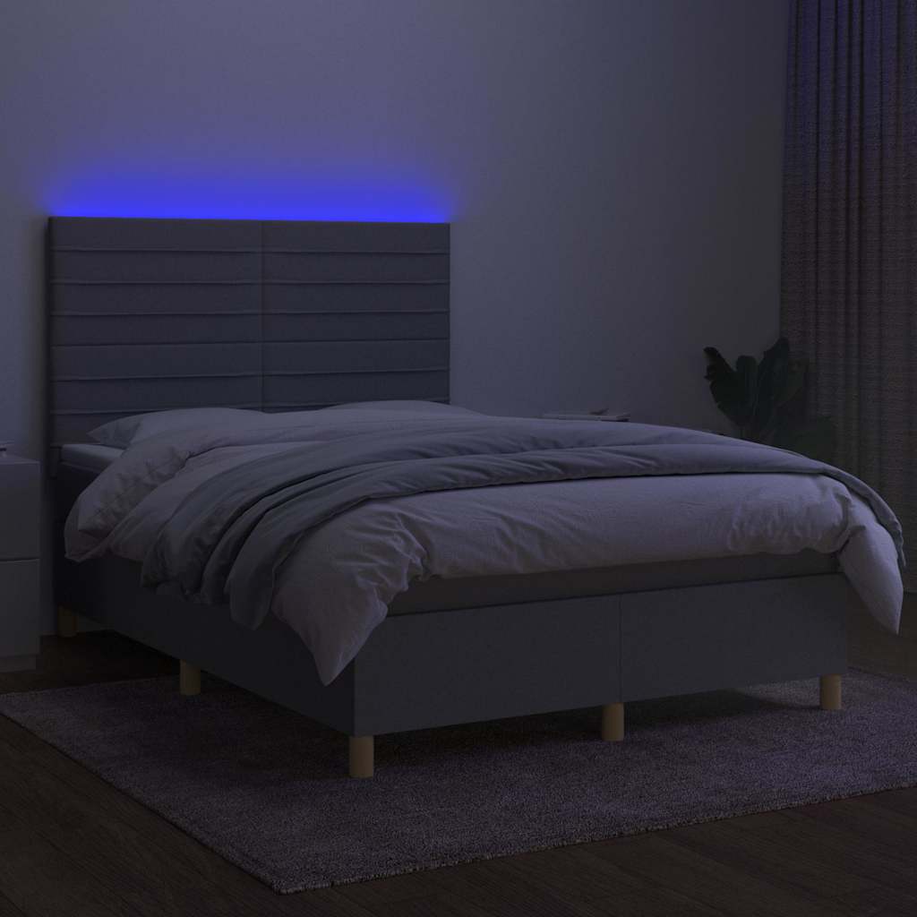 Krevet box spring s madracem LED svjetlosivi 140x200 cm tkanina
