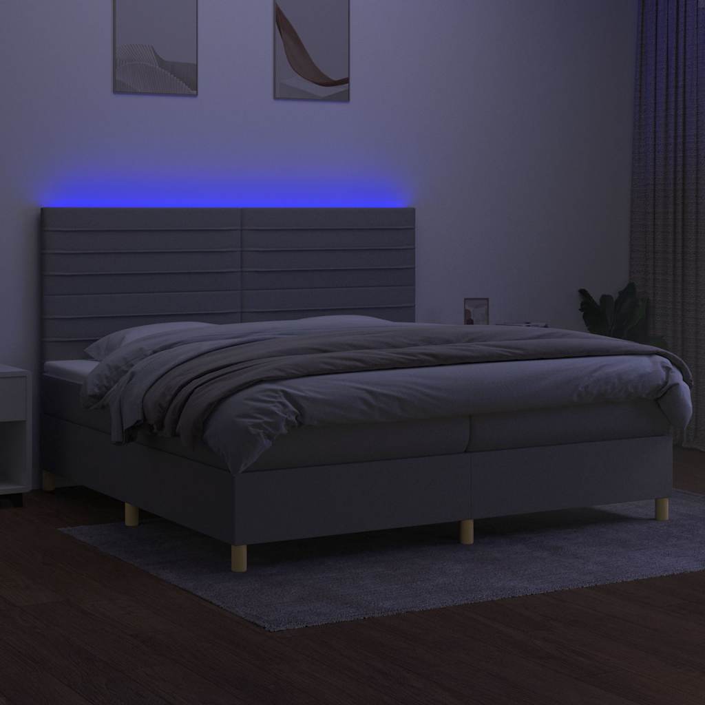 Krevet box spring s madracem LED svjetlosivi 200x200 cm tkanina