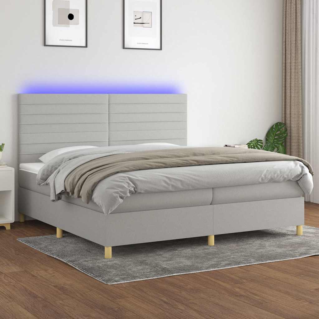 Krevet box spring s madracem LED svjetlosivi 200x200 cm tkanina